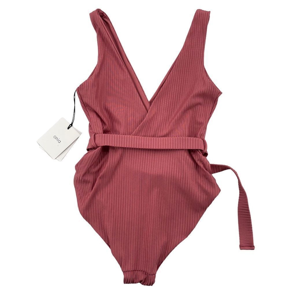 NEW Onia Michelle One-Piece Swimsuit Ribbed Belted Waist Solid Dusty Rose | XS - Picture 3 of 11